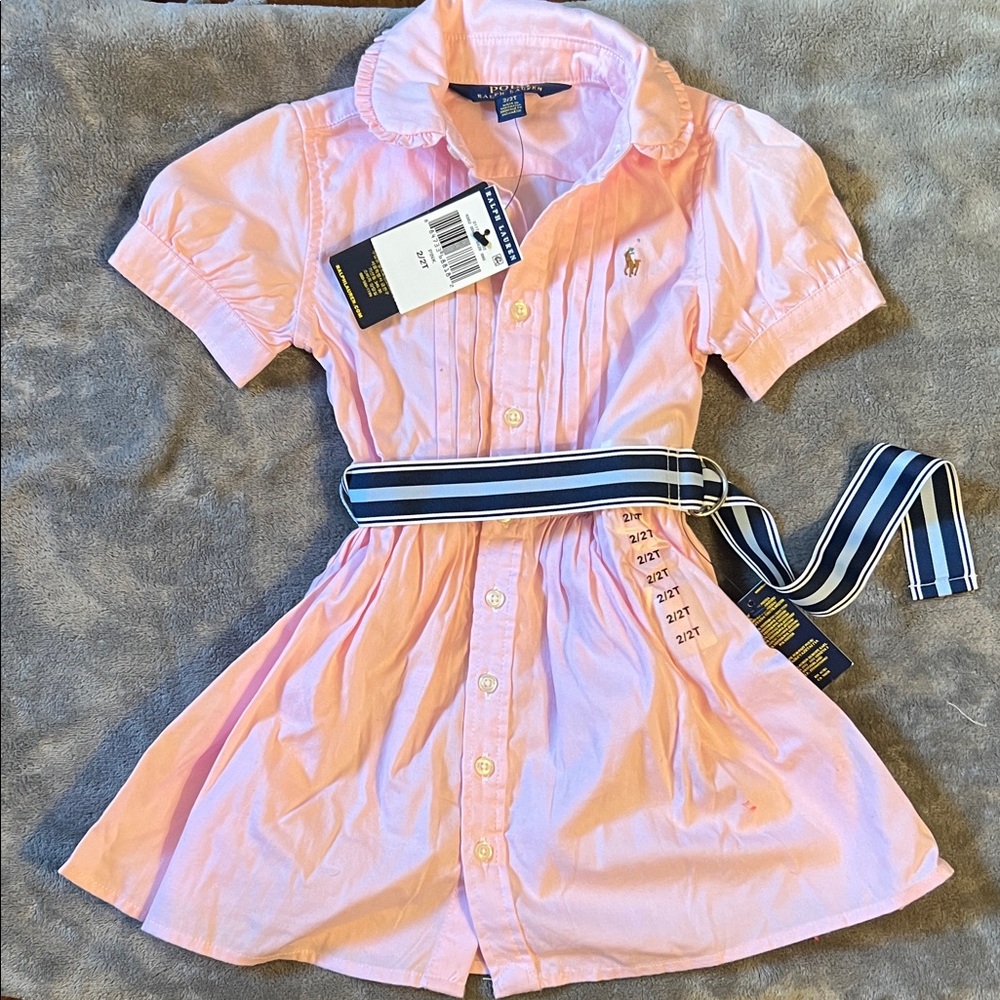 Polo by Ralph Lauren Baby Pink Button-Up Dress with Striped Belt